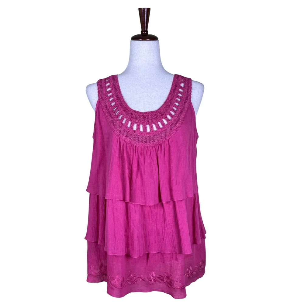 Coldwater Creek Tank Size M Hot Pink Ruffle Tiered Beach Summer Crochet Collar - Picture 2 of 11